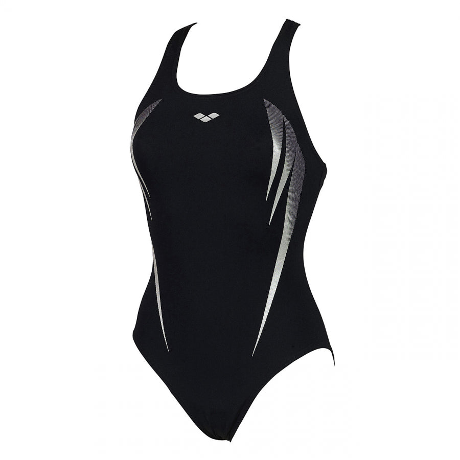 Arena Madir swimsuit in black with silver detailing (Front)