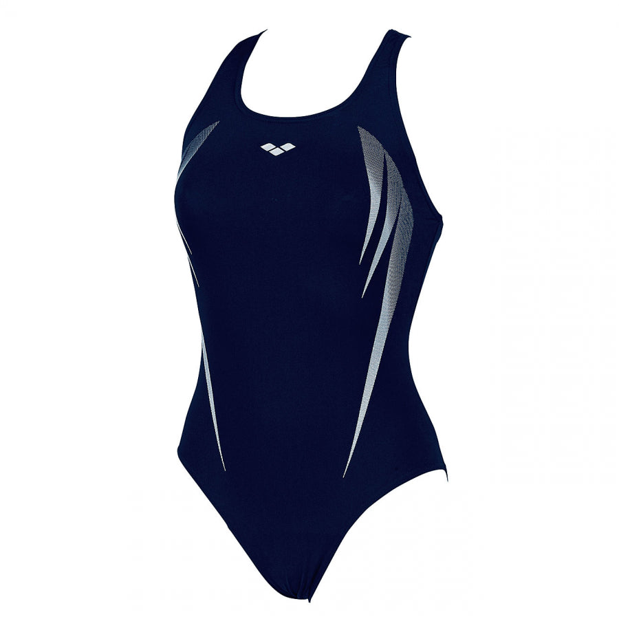 Arena Madir swimsuit in denim blue with white detailing (Front)