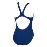 Arena Myfair swimsuit in indigo blue with dahlia and pink detailing (Back)
