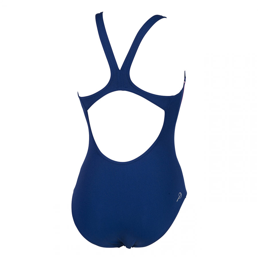 Arena Myfair swimsuit in indigo blue with dahlia and pink detailing (Back)