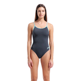 Arena Lace Back Asphalt Grey Swimsuit front view showing light water blue straps 