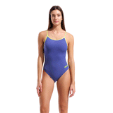 Arena Lace Back Dusk & Black Swimsuit front view showing bluey purple dusk colour and lime trim