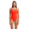 Arena Lace Back Coral & Plum Swimsuit front view showing bright coral contrasted with plum trim and straps