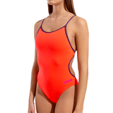 Arena Lace Back Coral & Plum Swimsuit close up of front showing cut at the waist and plum trim