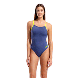 Arena Team Solid Challenge Dusk & Black Swimsuit front view showing lime straps and arena logo on left hip