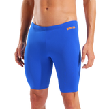 Arena Team Solid Neon Blue Jammer close up of front showing orange arena logo