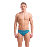 Arena Team Solid Blue & Lime Brief front showing teal blue front panel with arena name in lime