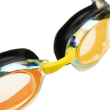 Arena Cobra Edge Swipe Mirrored Goggles - Copper / Black close up showing yellow nose bridge