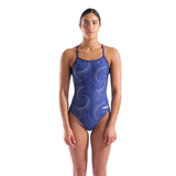 Arena Fireflow Lightdrop Navy women's swimsuit — front view showing Fireflow graphic design