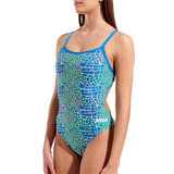 Arena Snakeskin Blue Challenge Swimsuit close up of front showing snakeskin design in blue and lime with hints of pink