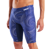 Arena Fireflow Navy men's jammer — close-up detail of Fireflow pattern and MaxLife Eco fabric texture
