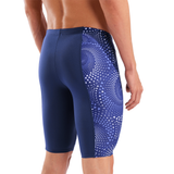 Arena Fireflow Navy men's jammer — three-quarter view showing Fireflow graphic detail and plain back panel