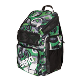 Green and black patterned backpack with arena logo on a white background