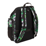 arena Kente backpack with green and black pattern rear view showing straps
