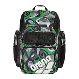 arena Kentre backpack green and black patterned with arena logo on a white background