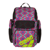 arena Floral backpack close up front view showing arena logo in lime green