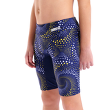 Arena Boy's Fireflow Navy & Yellow Jammer close up of front showing yellow and white pattern on a navy background