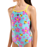 Arena Girl's Spring Pink & Blue Swimsuit close up showing pink flower and bee design