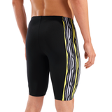 Arena Stripes Black Jammer close up rear view showing yellow, grey and white patterned side panel and 45cm side sea