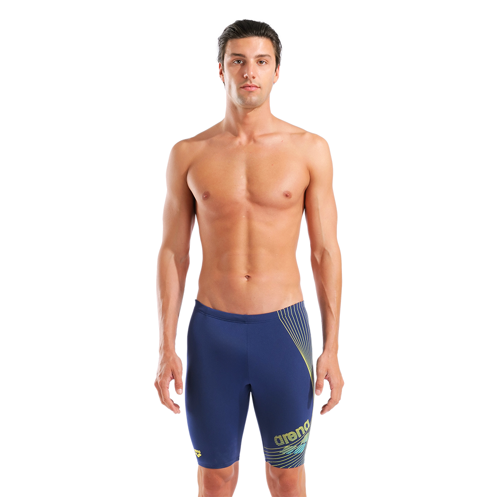 Man wearing a blue swim jammers with Arena logo on a white background