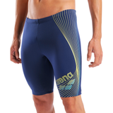 Arena Design Navy Jammer. Blue athletic shorts with yellow accents on a white background