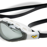 Close-up of Arena Air Sonic Goggle - Smoke / Black with a white frame, greylens, and a yellow logo on the frame.CloudFlex gasket can be seen in detail