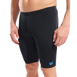 Arena Dynamic Black Jammer close up of front showing blue arena logo bottom of left leg