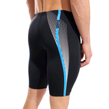 Arena Dynamic Black Jammer close up of rear an side showing stylish white and blue line design and 45m side seam