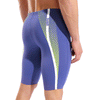 Arena Dynamic Dusk Blue Jammer close up of back and side showing lime green and white stripe design and 45cm side seam
