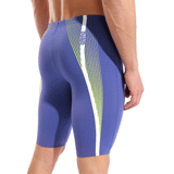 Arena Dynamic Dusk Blue Jammer close up of back and side showing lime green and white stripe design and 45cm side seam