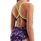 Arena Girls Wave Purple Swimsuit close up of back showing light drop cut with slim lime green straps