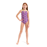 Arena Girls Floral Swimsuit - Violet / Lime whole body front view