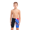 Arena Boy's Jammer - Black Loud image showing plain right leg and front of left leg featuring jazzy red and blue pattern witharena name