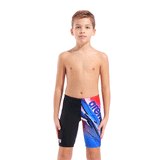 Arena Boy's Jammer - Black Loud image showing plain right leg and front of left leg featuring jazzy red and blue pattern witharena name
