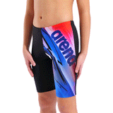 Arena Boy's Jammer - Black Loud close up showing electrified pattern on front of left leg and 36cm side seam