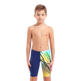Arena Boy's Jammer - Blue Loud front view showing patterned front of left thigh