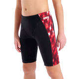 Arena Boy's Wave Jammer - Black / Red close up showing plain black front panel and red and white patterned side panels