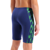 Arena Boy's Wave Jammer - Navy / Green close up of back showing plain navy and then patterned green and navy side panel plus 36cm side seam