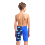 Arena Crowded Boy's Jammer rear view showing right thigh in plain neon blue and left thigh patterned with the arena name in light blue and black
