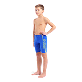 Arena Boy's Bold Jammer - Neon Blue / Lime whole body view showing lime detailing and 36cm side seam